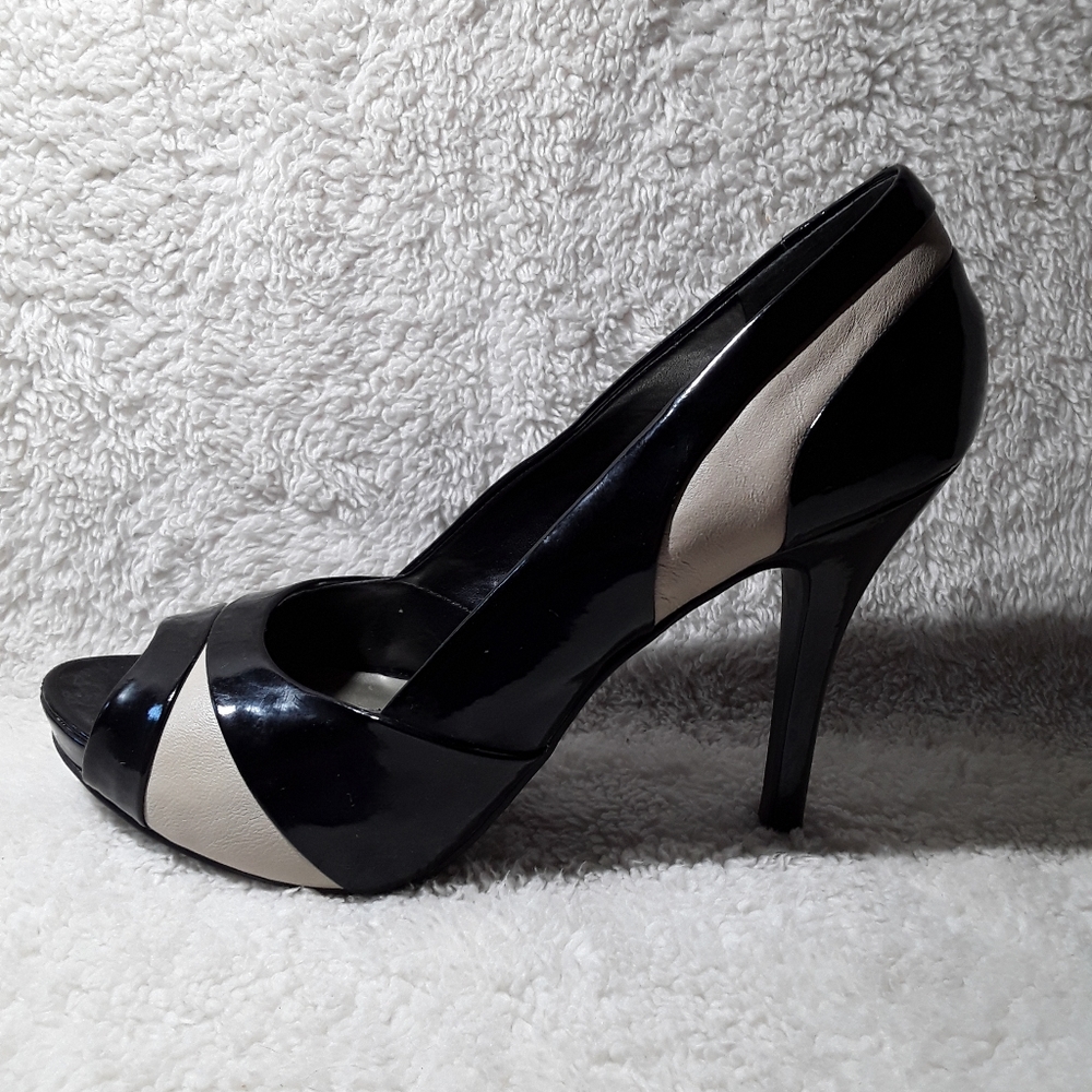 Nine West Leather Black/Beige Peep Toe Pumps Sz7.5 - Picture 7 of 13